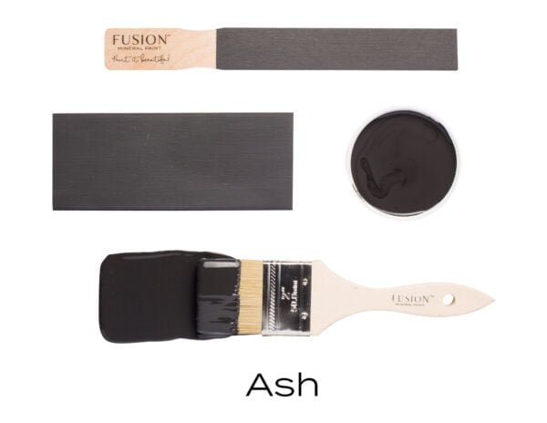 Colour swatches and paintbrush dipped in Ash Fusion Mineral paint.