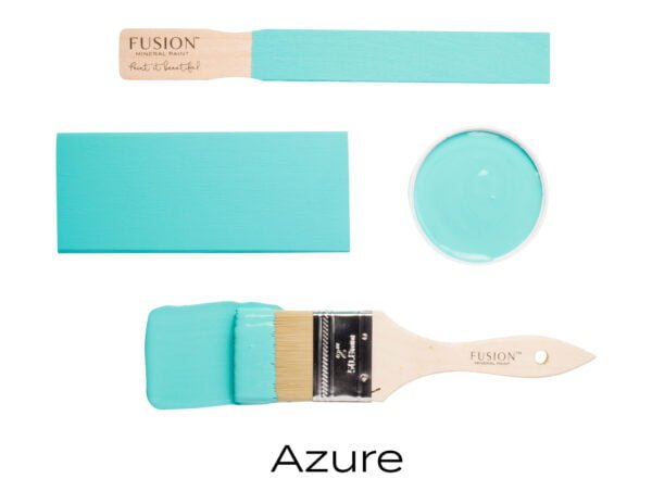 Colour swatches and paintbrush dipped in Azure Fusion Mineral paint.