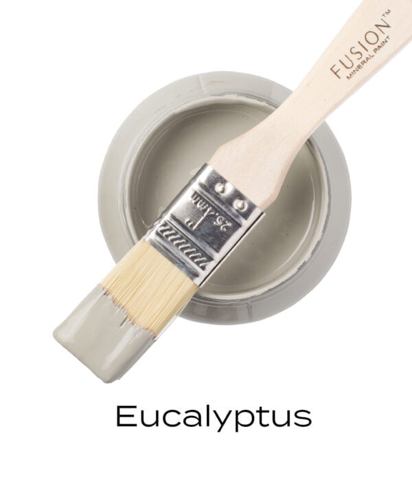 An angled brush that has been dipped in, and then placed on top of an open pint of Eucalyptus Fusion mineral paint to indicate the colour.