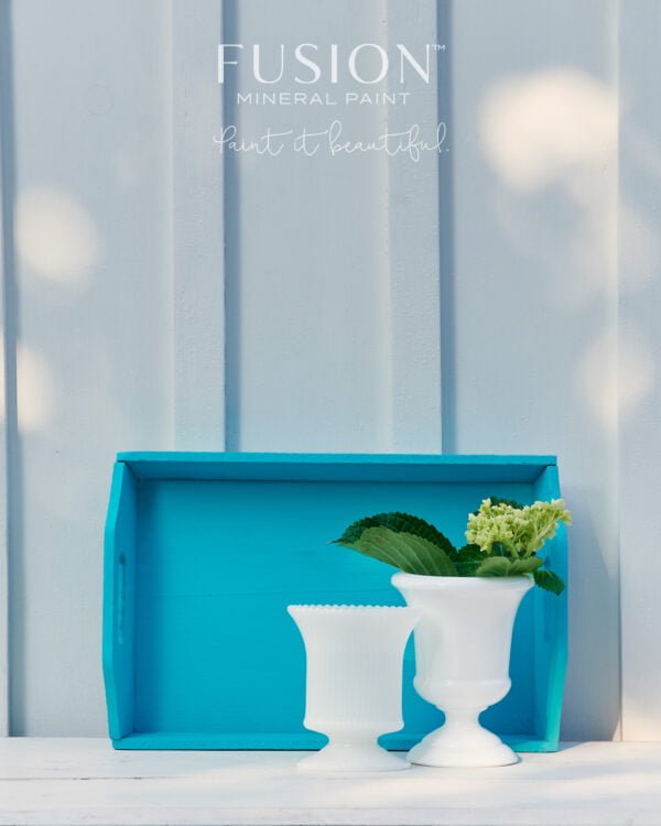 A wooden tray painted with the Azure Fusion mineral paint.