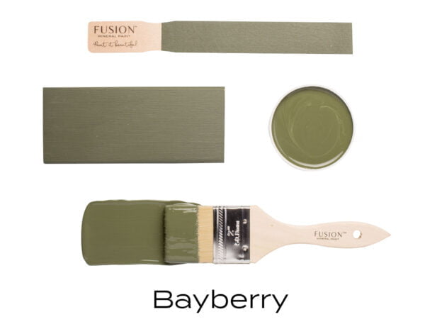 Colour swatches and paintbrush dipped in Bayberry Fusion Mineral paint.