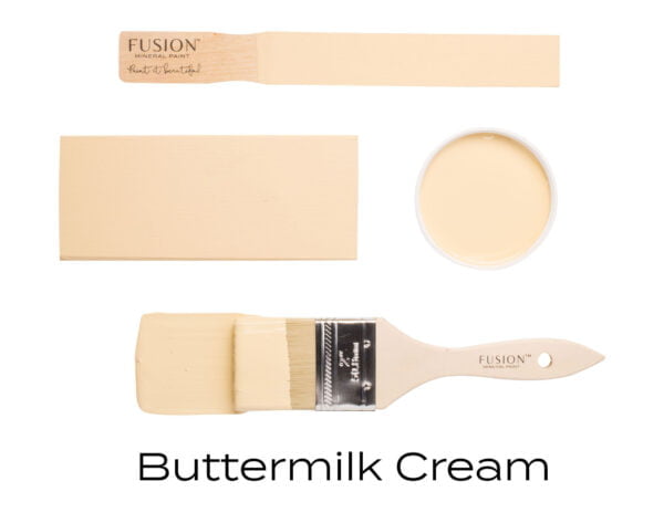 Colour swatches and paintbrush dipped in Buttermilk Cream Fusion Mineral paint.