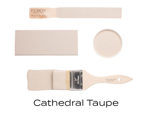 Colour swatches and paintbrush dipped in Cathedral Taupe Fusion Mineral paint.