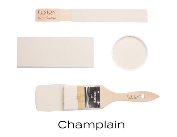 Colour swatches and paintbrush dipped in Champlain Fusion Mineral paint.