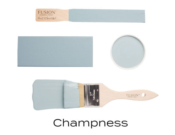 Colour swatches and paintbrush dipped in Champness Fusion Mineral paint.