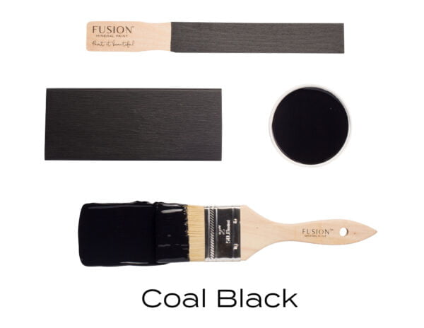 Colour swatches and paintbrush dipped in Coal Black Fusion Mineral paint.