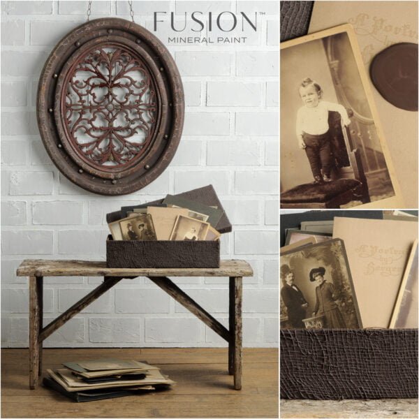 A picture frame and a box of old sepia black & white photos painted with the Chocolate Fusion mineral paint.