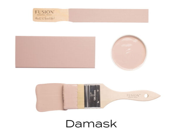 Colour swatches and paintbrush dipped in Damask Fusion Mineral paint.