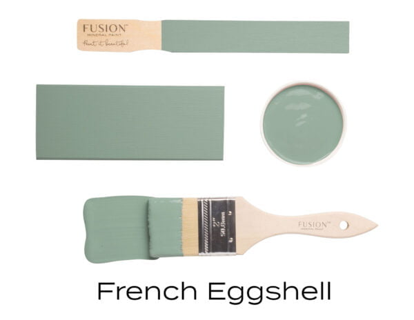 Colour swatches and paintbrush dipped in French Eggshell Fusion Mineral paint.