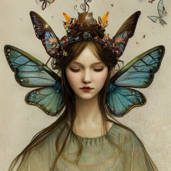 Fairy with Butterfly Crown Flowers Art Noveau Illustration