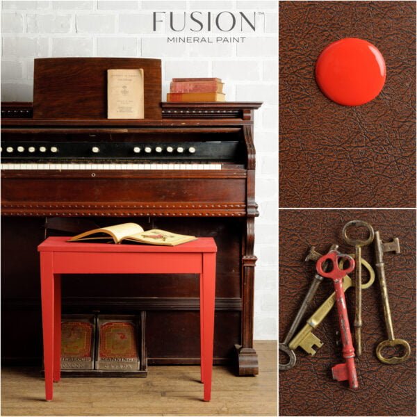 A piano stool, and old key, and a button painted with the Fort York Red Fusion mineral paint.