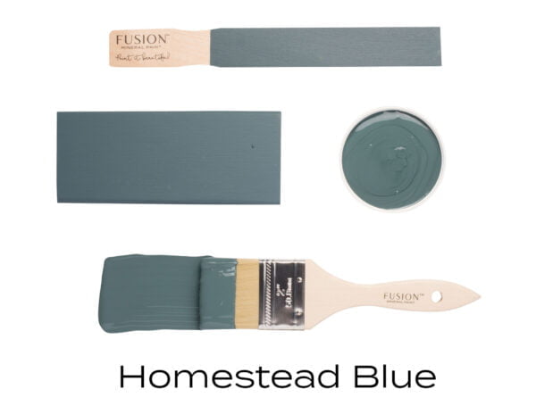 Colour swatches and paintbrush dipped in Homestead Blue Fusion Mineral paint.