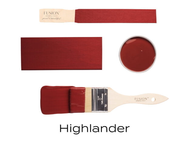 Colour swatches and a paintbrush dipped in Highlander Fusion mineral paint to indicate the colour.