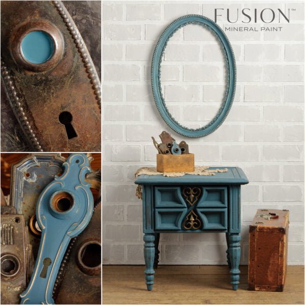 Furniture painted with the Homestead Blue Fusion mineral paint.