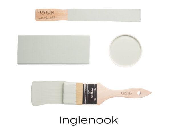 Colour swatches and paintbrush dipped in Inglenook Fusion Mineral paint.