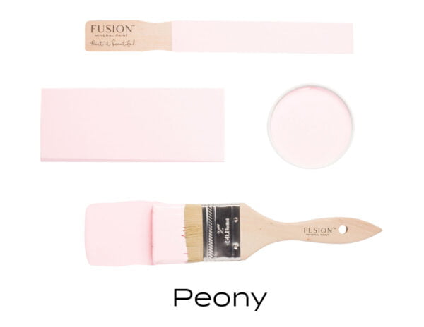 Colour swatches and paintbrush dipped in Peony Fusion Mineral paint.