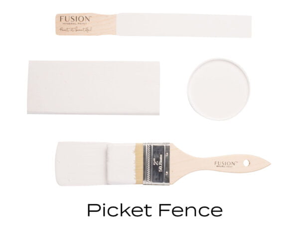 Colour swatches and paintbrush dipped in Picket Fence Fusion Mineral paint.