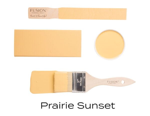 Colour swatches and paintbrush dipped in Prairie Sunset Fusion Mineral paint.