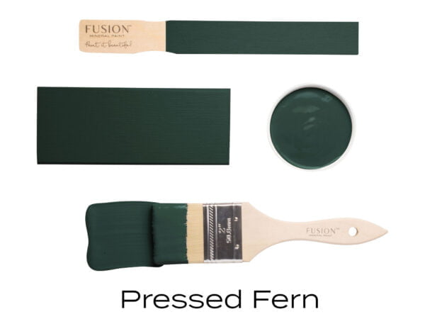 Colour swatches and paintbrush dipped in Pressed Fern Fusion Mineral paint.