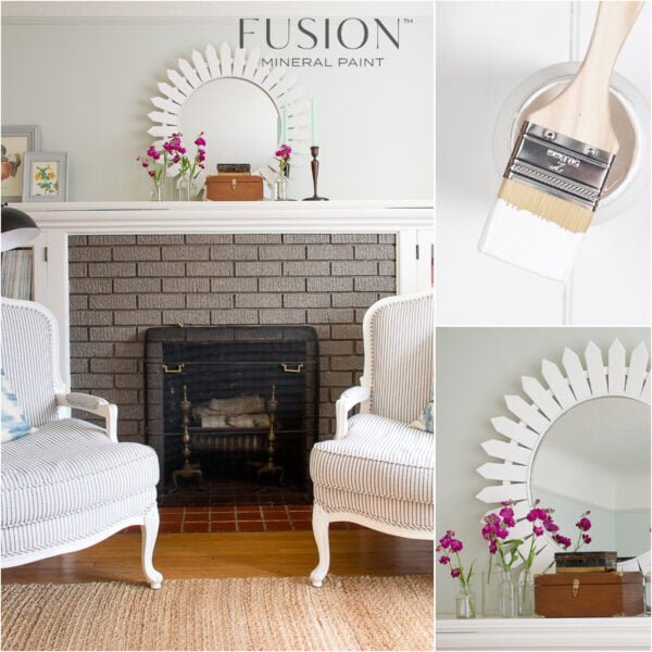 A fireplace and furniture painted with the Picket Fence fusion mineral paint.