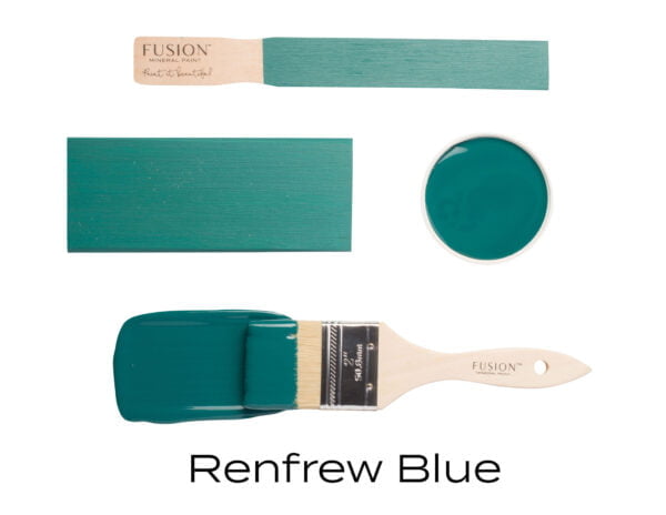 Colour swatches and paintbrush dipped in Renfrew Blue Fusion Mineral paint.