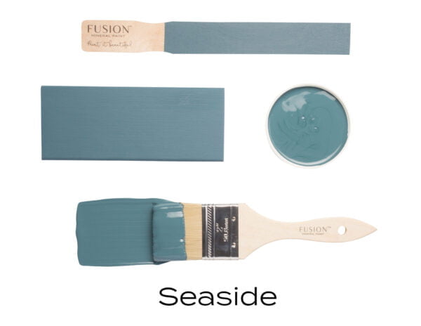 Colour swatches and paintbrush dipped in Seaside Fusion Mineral paint.