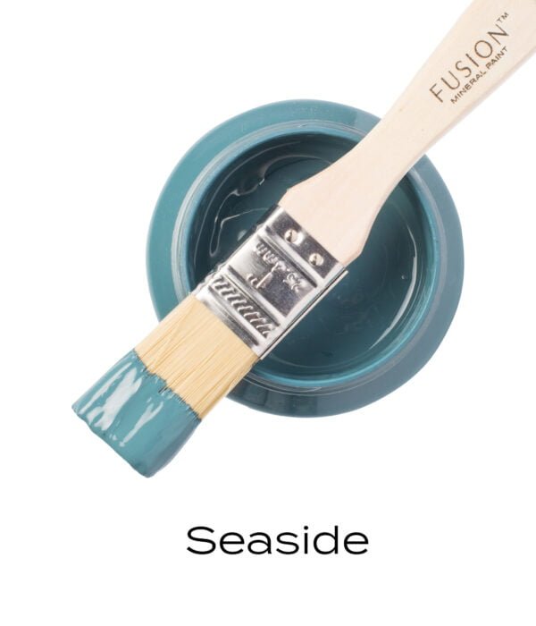 Angled Brush on top of open pot of Seaside Fusion mineral paint.