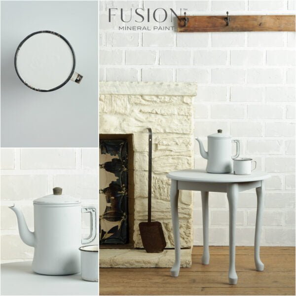 A pot, table, and cup painted with the Sterling Fusion mineral paint.