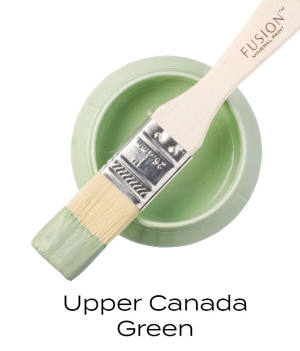 Angled Brush on top of open pot of Upper Canada Green Fusion mineral paint.