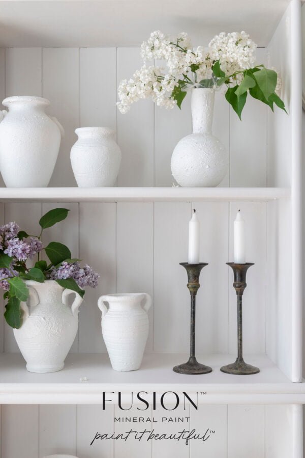 Shelves and pots painted with the Victorian Lace Fusion mineral paint.