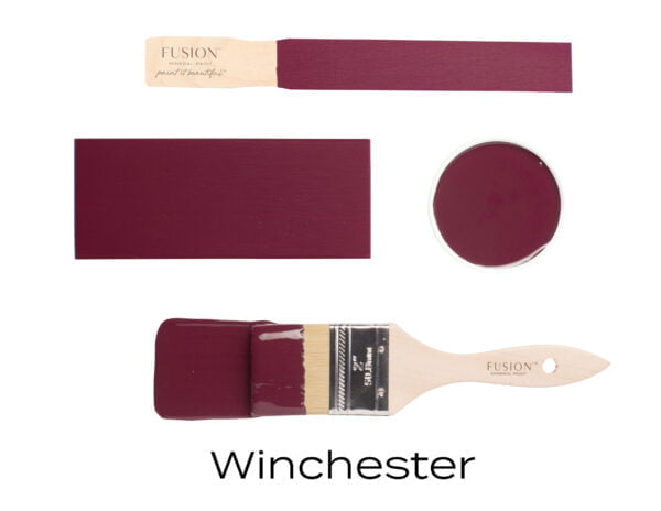 Colour swatches and a paintbrush dipped in Winchester Fusion mineral paint to indicate the colour.